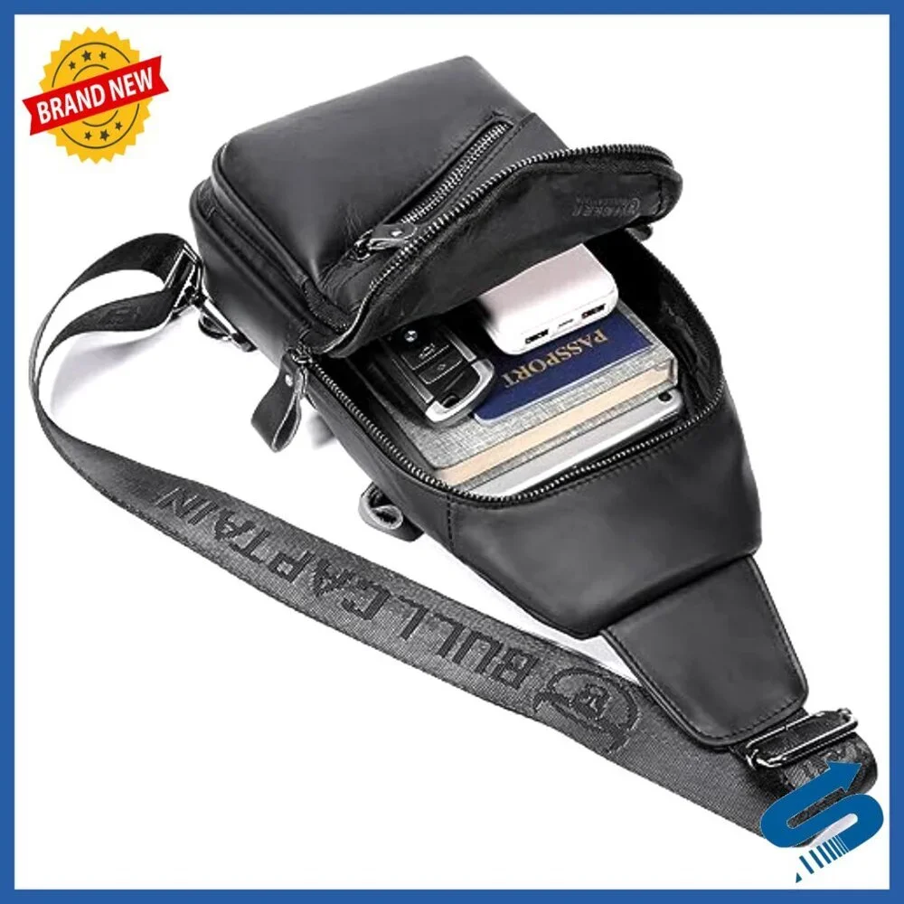 Genuine Leather Sling Bag with USB Charging Port, Adjustable Strap, Multi-Pocket